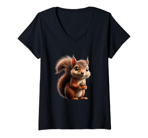 Damen Niedliches Eichhörnchen mit Eichel – Eichhörnchenliebhaber T-Shirt mit V-Ausschnitt Damen Niedliches Eichhörnchen mit Eichel – Eichhörnchenliebhaber T-Shirt mit V-Ausschnitt von Just Sweet Designs