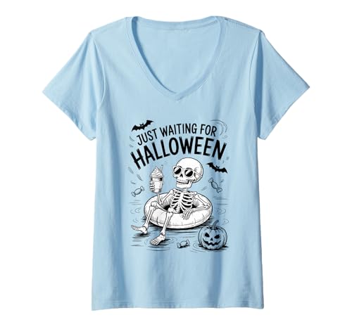 Damen Just Waiting for Halloween Skeleton T-Shirt mit V-Ausschnitt Damen Just Waiting for Halloween Skeleton T-Shirt mit V-Ausschnitt von Just Waiting for Halloween Skeleton