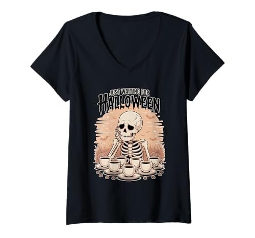 Damen Just Waiting for Halloween Skeleton T-Shirt mit V-Ausschnitt Damen Just Waiting for Halloween Skeleton T-Shirt mit V-Ausschnitt von Just Waiting for Halloween Skeleton
