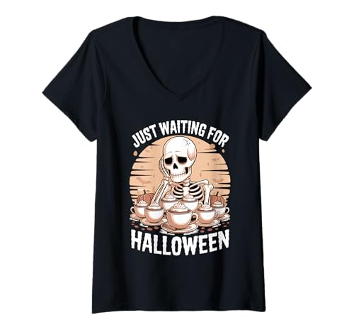 Damen Just Waiting for Halloween Skeleton T-Shirt mit V-Ausschnitt Damen Just Waiting for Halloween Skeleton T-Shirt mit V-Ausschnitt von Just Waiting for Halloween Skeleton