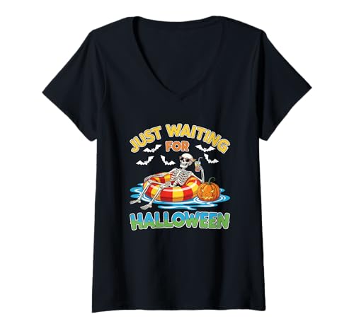 Damen Ich warte nur auf Halloween Spooky Skeleton Summer Halloween T-Shirt mit V-Ausschnitt Damen Ich warte nur auf Halloween Spooky Skeleton Summer Halloween T-Shirt mit V-Ausschnitt von Just Waiting for Halloween Spooky Summer Halloween