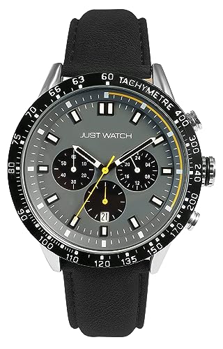 Just Watch Caspian Herren Chronograph Schwarz Lederarmbanduhr mit Datums- u. 24 Std Anzeige Stoppuhr Geschenke für Männer von Just Watch