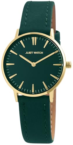 Just Watch Damen Armbanduhr mit grünem Echtlederarmband | Quarzuhr mit goldenem Gehäuse Ø 33 mm & Mineralglas | Dornschließe | 3 bar wasserdicht | Klassische Uhr für Frauen von Just Watch