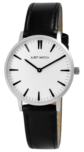 Just Watch Damen Armbanduhr mit schwarzem Echtlederarmband | Quarzuhr mit silberfarbenem Gehäuse Ø 33 mm & Mineralglas | Dornschließe | 3 bar wasserdicht | Klassische Uhr für Frauen von Just Watch
