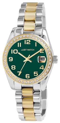 Just Watch Damen-Uhr Edelstahl Faltschließe Strass Datum Analog Quarz JW10019 (Bicolor grün) von Just Watch