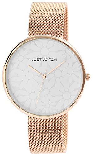 JUST WATCH Damen-Uhr Floriane Edelstahl Meshband Blumen Analog Quarz JW10182 (roségoldfarbig) von JUST WATCH