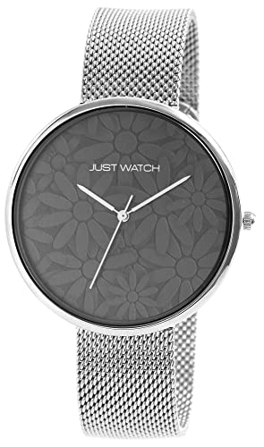 JUST WATCH Damen-Uhr Floriane Edelstahl Meshband Blumen Analog Quarz JW10182 (silberfarbig schwarz) von JUST WATCH