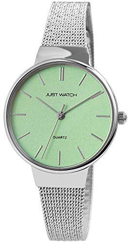 JUST WATCH Damen-Uhr JW267 Milanaiseband Hakenverschluß Analog Quarz JW10132-001 (silberfarbig/hellgrün) von JUST WATCH