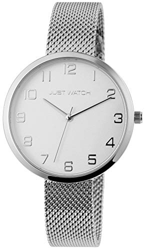 JUST WATCH Damen-Uhr Meshband Edelstahl Hakenverschluss Analog Quarz JW10243 (silberfarbig/weiß) von JUST WATCH