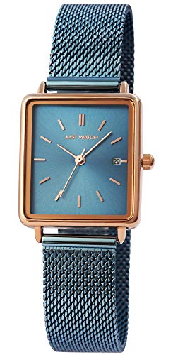 JUST WATCH Damen-Uhr Meshband Edelstahl Hakenverschluss Datum Analog Quarz JW20109 (blau/roségoldfarbig) von JUST WATCH