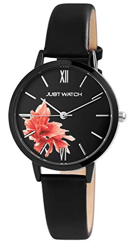 Just Watch Florence Damen-Uhr Echt Leder Dornschließe Blume Analog Quarz JW10128 (schwarz) von Just Watch