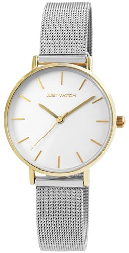 JUST WATCH Hanna Damen-Uhr Meshband Edelstahl Hakenverschluss Analog Quarz JW10116 (silberfarbig goldfarbig) von JUST WATCH