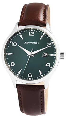 JUST WATCH Herren-Uhr Heriat Leder Datum Elegant Rund Analog Quarz JW20163 (Dunkelbraun dunkelgrün) von JUST WATCH