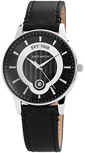 JUST WATCH Herren-Uhr Leder Armband Wochentag Datum JW173 Analog Quarz JW20018 (schwarz/schwarz) von JUST WATCH