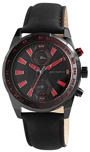 JUST WATCH Herren-Uhr Thobie Leder Datum Wochentag Analog Quarz JW20165 (schwarz rot) von JUST WATCH