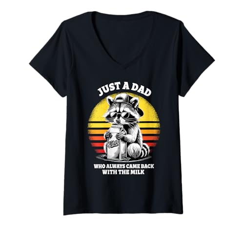 Damen Lustiger Waschbär Papa hält Milch Retro Sonnenuntergang Design T-Shirt mit V-Ausschnitt von Just a Dad Who Always Came Back by NLTS
