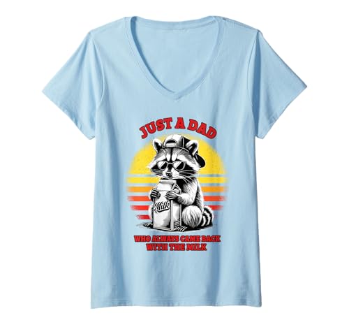 Damen Lustiger Waschbär Papa hält Milch Retro Sonnenuntergang Design T-Shirt mit V-Ausschnitt Damen Lustiger Waschbär Papa hält Milch Retro Sonnenuntergang Design T-Shirt mit V-Ausschnitt von Just a Dad Who Always Came Back by NLTS