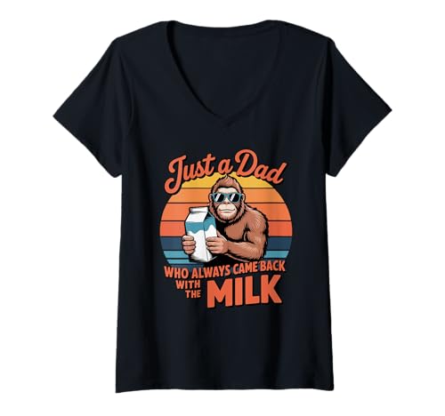 Damen Lustiges Bigfoot Dad Holding Milk Retro Sunset Design T-Shirt mit V-Ausschnitt Damen Lustiges Bigfoot Dad Holding Milk Retro Sunset Design T-Shirt mit V-Ausschnitt von Just a Dad Who Always Came Back by NLTS