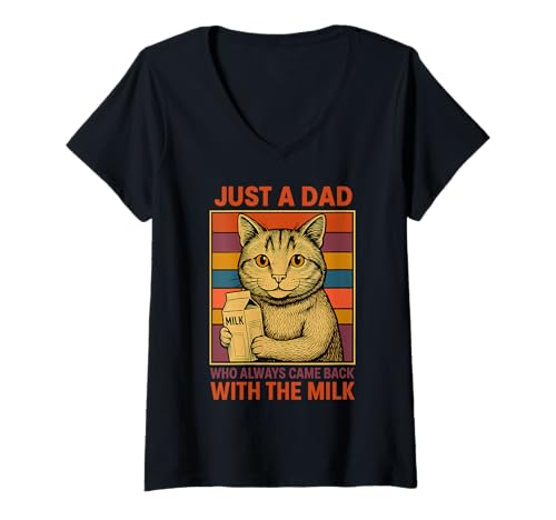Damen Lustiges Retro-Design mit Aufschrift Dad Cat with Milk Meme T-Shirt mit V-Ausschnitt Damen Lustiges Retro-Design mit Aufschrift Dad Cat with Milk Meme T-Shirt mit V-Ausschnitt von Just a Dad Who Always Came Back by NLTS