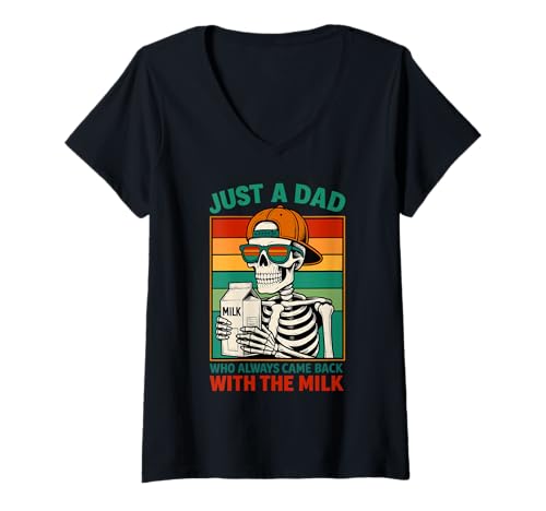Damen Lustiges Retro-Skelett Papa mit Milch Meme Vintage-Stil T-Shirt mit V-Ausschnitt von Just a Dad Who Always Came Back by NLTS