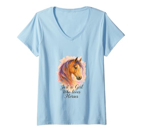 Damen Just a Girl Who Loves Horses Aquarell Pferdekunst T-Shirt mit V-Ausschnitt von Just a Girl Who Loves Horses Artistic Design