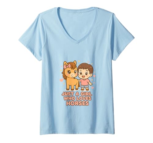 Damen Niedliches Cartoon-Kunstwerk Just a Girl Who Loves Horses T-Shirt mit V-Ausschnitt von Just a Girl Who Loves Horses Kawaii Animal