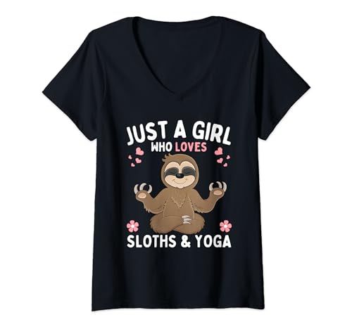 Damen Nur ein Mädchen, das Faultiere liebt und Yoga-Mädchen lieben Yoga T-Shirt mit V-Ausschnitt von Just a girl who loves