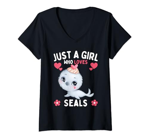 Damen Nur ein Mädchen, das Robben liebt Frauen Mädchen lieben Robben T-Shirt mit V-Ausschnitt von Just a girl who loves