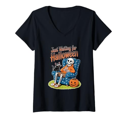 Damen Ich warte nur auf den Halloween-Countdown Spooky Skeleton Summer T-Shirt mit V-Ausschnitt Damen Ich warte nur auf den Halloween-Countdown Spooky Skeleton Summer T-Shirt mit V-Ausschnitt von Just waiting for Halloween skeleton