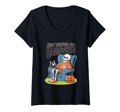 Damen Ich warte nur auf den Halloween-Countdown Spooky Skeleton Summer T-Shirt mit V-Ausschnitt Damen Ich warte nur auf den Halloween-Countdown Spooky Skeleton Summer T-Shirt mit V-Ausschnitt von Just waiting for Halloween skeleton