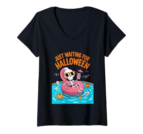 Damen Ich warte nur auf den Halloween-Countdown Spooky Skeleton Summer T-Shirt mit V-Ausschnitt Damen Ich warte nur auf den Halloween-Countdown Spooky Skeleton Summer T-Shirt mit V-Ausschnitt von Just waiting for Halloween skeleton
