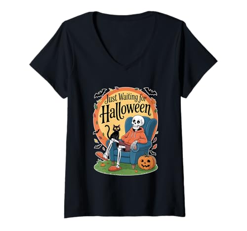 Damen Ich warte nur auf den Halloween-Countdown Spooky Skeleton Summer T-Shirt mit V-Ausschnitt Damen Ich warte nur auf den Halloween-Countdown Spooky Skeleton Summer T-Shirt mit V-Ausschnitt von Just waiting for Halloween skeleton