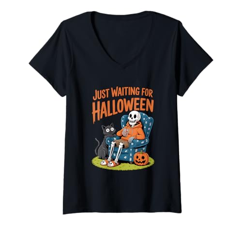Damen Ich warte nur auf den Halloween-Countdown Spooky Skeleton Summer T-Shirt mit V-Ausschnitt Damen Ich warte nur auf den Halloween-Countdown Spooky Skeleton Summer T-Shirt mit V-Ausschnitt von Just waiting for Halloween skeleton