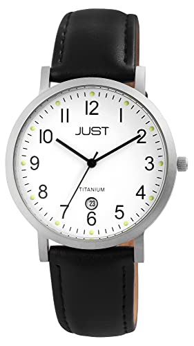 JUST Herrenuhr Weiß Schwarz Analog Datum Edelstahl Echt-Leder Quarz Armbanduhr von Just