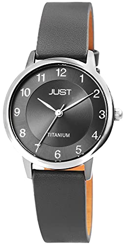 Just Damen - Uhr Lederarmband Ø 34 mm Titangehäuse Titandornschließe Analog Quarz JU10186 (Grau Anthrazit) von Just