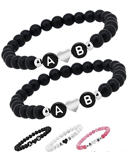 2x Personalisierte Pärchen Namensarmbänder | Partnerarmband couple Edelsteine Onyx, Howlite Cherry quartz 6mm | Perlenarmband | individueller Buchstaben Armband A-Z Freundschaftsarmband BLVAR4 von MY LUXERY