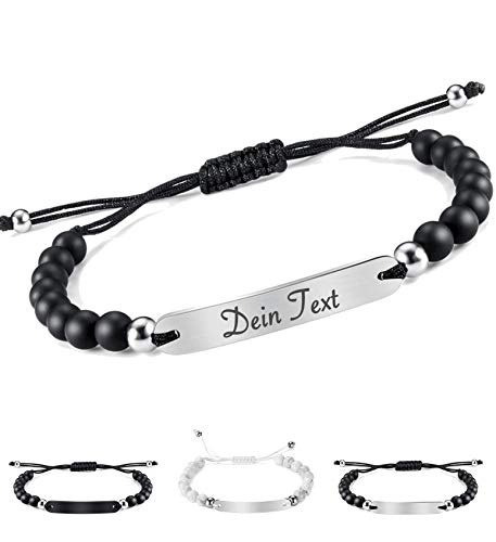 Personalisierbares Partnerarmbänder mit Gravur | Hochwertiges Pärchenarmband mit Edelstahl Platte | Persönliche Namensgravur | Ideal als Armband für Paare oder Freundschaftsarmband 6mm Onyx Gold von Just4Trend