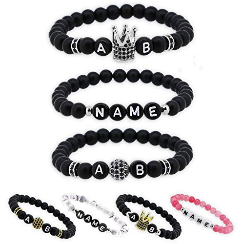 Personalisierte Pärchen Namensarmbänder | Partnerarmband couple Edelsteine Onyx , Howlite Cherry quartz 6mm | Perlenarmband | individueller Schmuck A-Z Freundschaftsarmband Buchstaben Armband P4 von MY LUXERY