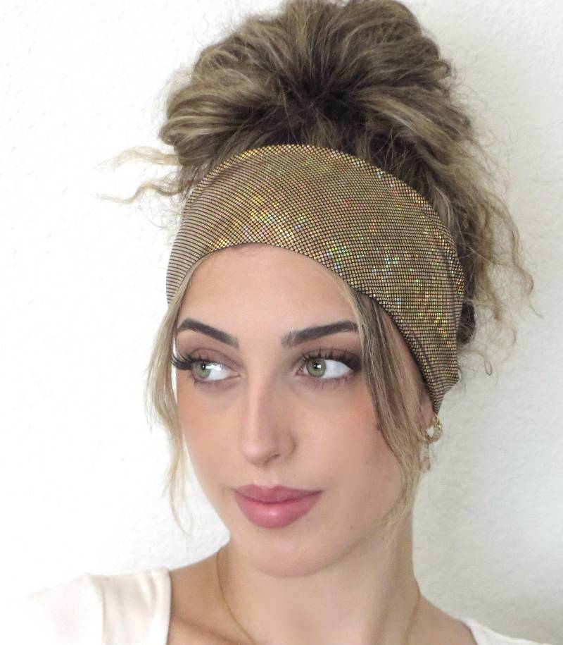 Sparkle Metallic Gold Stirnband, Turban Frauen Glitter Headwrap, Tanz Yoga Workout Spandex Stirnband von JustBreatheAcc