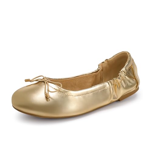 JustFab Flache Schuhe für Damen, runde Zehen, flache Schuhe mit Schleife, elegant, schwarz, bequem, elegante Schuhe für Arbeit, Büro (empfohlen eine halbe Größe größer), Gold, 37 EU von JustFab