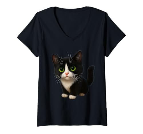 Damen Nettes Tuxedo kätzchen mit grünen Augen T-Shirt mit V-Ausschnitt von JustForCatLovers