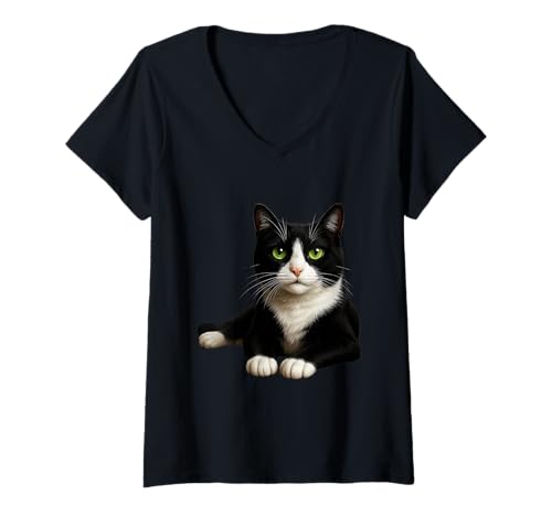 Damen Smokingkatze mit grünem Augen Kunstwerk T-Shirt mit V-Ausschnitt von JustForCatLovers