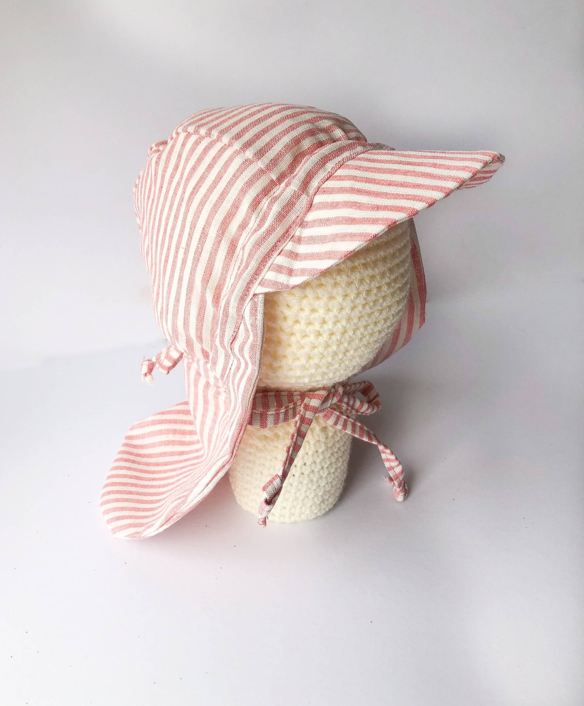 Rosa Streifen Leinen Und Baumwolle Baby Sonnenmütze | Handgemachte Mütze Frühling Sommer Sonnenhut Baby-Kleinkind von JustJoaHandmade