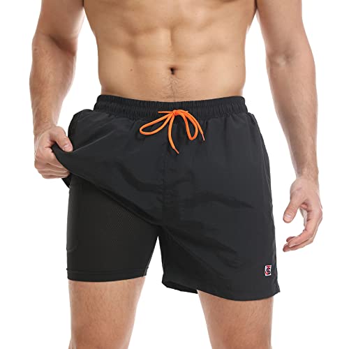 JustSun Badehose Herren Badeshorts Herren Kurz mit Kompression 2 in 1 Schnelltrocknend Männer Schwimmhose Schwimmshort Strandshorts Herren Swim Shorts Schwarz L von JustSun