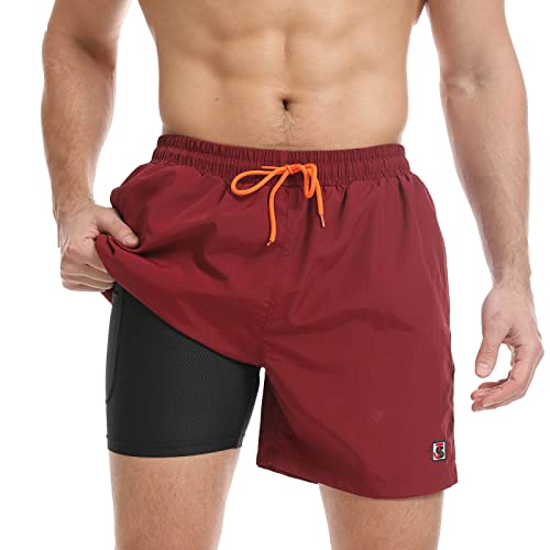 JustSun Badehose Herren Badeshorts Herren Kurz mit Kompression Liner 2 in 1 Schnelltrocknend Männer Schwimmhose Boardshorts Herren Swim Sport Strand Shorts Rotwein XL von JustSun