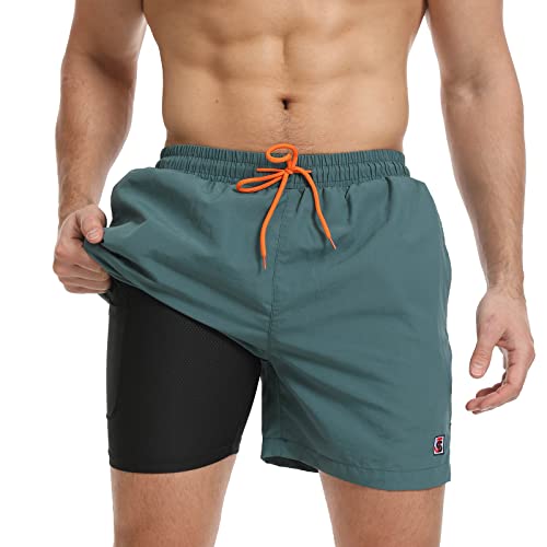 JustSun Badehose Herren Badeshorts Herren Kurz mit Kompression 2 in 1 Schnelltrocknend Männer Schwimmhose Strandshorts Schwimmshort Herren Swim Shorts Gras-grün M von JustSun