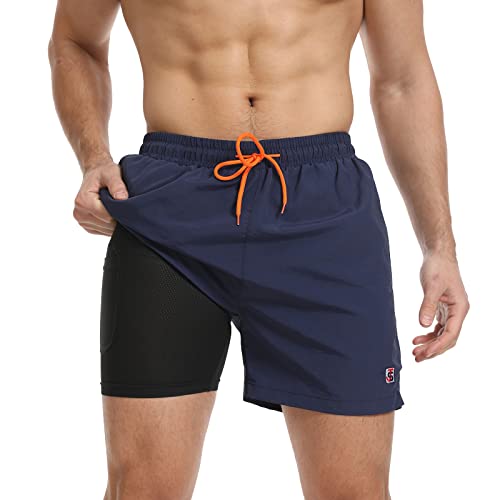 JustSun Badehose Herren Badeshorts Herren Kurz mit Kompression 2 in 1 Schnelltrocknend Männer Schwimmhose Boardshorts Strandshorts Herren Swim Shorts Dunkelblau L von JustSun