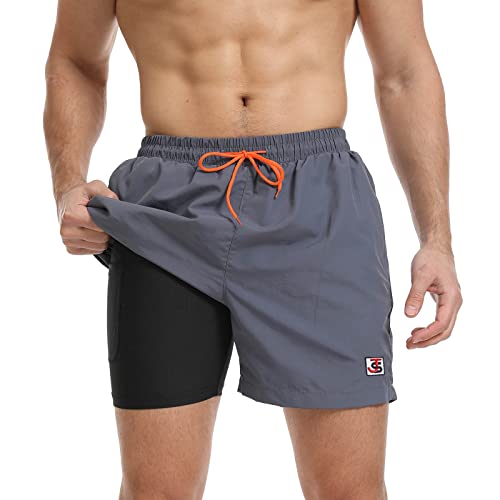 JustSun Badehose Herren Badeshorts Herren Kurz mit Kompression 2 in 1 Schnelltrocknend Männer Schwimmhose Boardshorts Strandshorts Herren Swim Shorts Grau L von JustSun