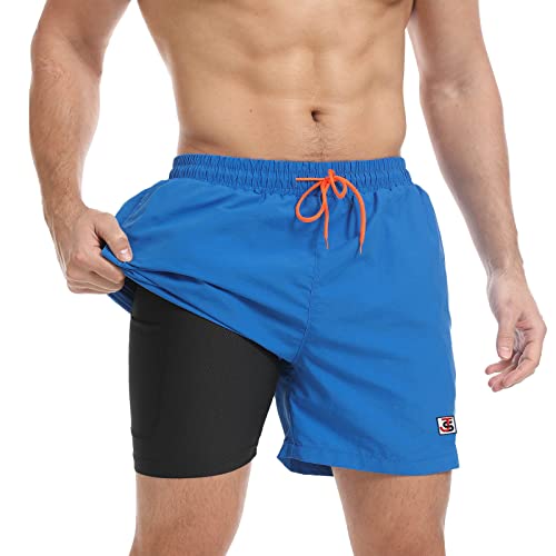 JustSun Badehose Herren Badeshorts Herren Kurz mit Kompression 2 in 1 Schnelltrocknend Männer Schwimmhose Boardshorts Strandshorts Herren Swim Shorts Navyblau XL von JustSun