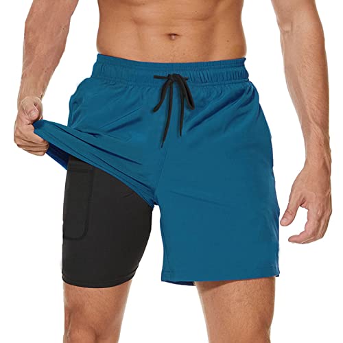 JustSun Badehose Herren Badeshorts Herren mit Kompression 2 in 1 Schnelltrocknend Männer Schwimmhose Schwimmshort Swim Shorts Pfauenblau 3XL von JustSun